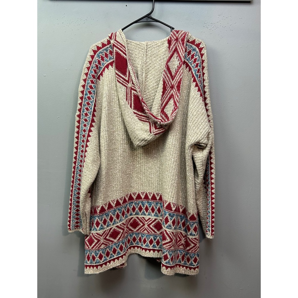 Lucky Brand Cardigan Womens 3X Beige Red Blue Southwestern Hooded Open Front - Picture 2 of 8
